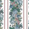 Pink floral striped vintage Wallpaper pattern Pink, Blue, Yellow & Green on an Off-White background. The broad bands of flowers are offset by narrow stripes.