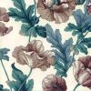 Floral Poppies Vintage Wallpaper in Taupe, Purple-Rose, Teal Green, & Cream